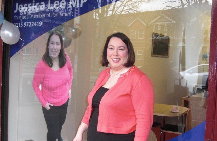 Jessica Lee MP outside her Community Office in Long Eaton